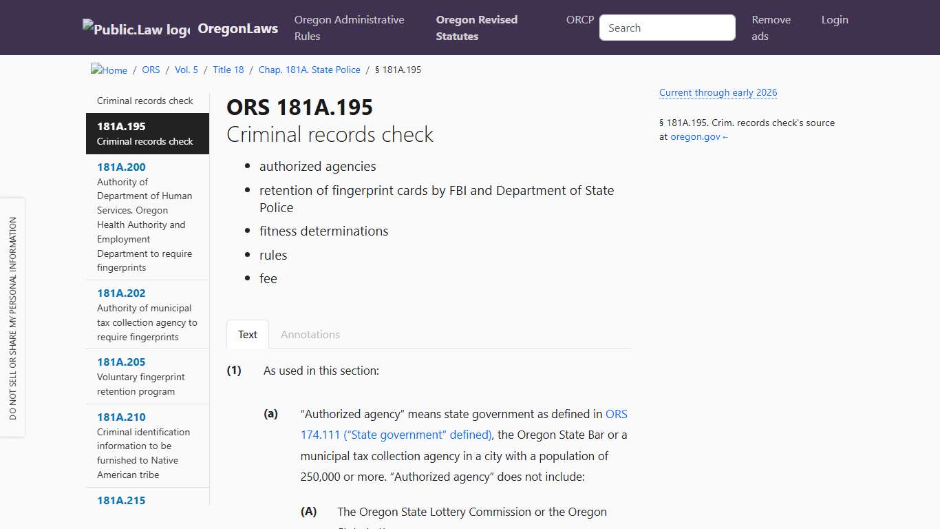 ORS 181A.195 – Criminal records check; authorized agencies; retention of fingerprint cards by FBI and Department of State Police; fitness determinations; rules; fee