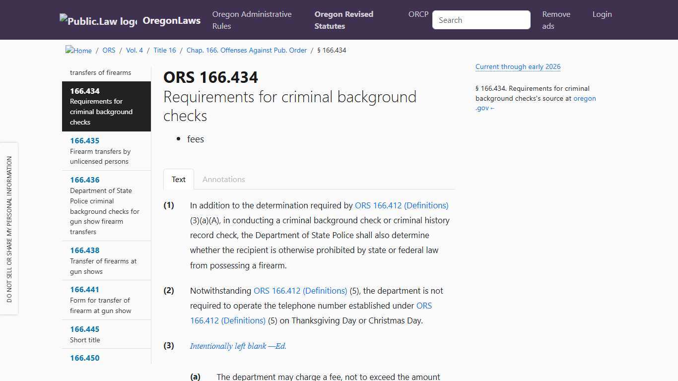 ORS 166.434 – Requirements for criminal background checks; fees